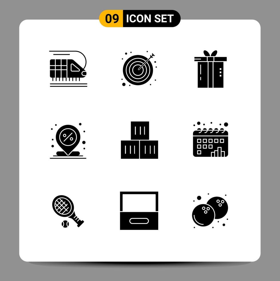 Editable Vector Line Pack of 9 Simple Solid Glyphs of box percent gift location center Editable Vector Design Elements
