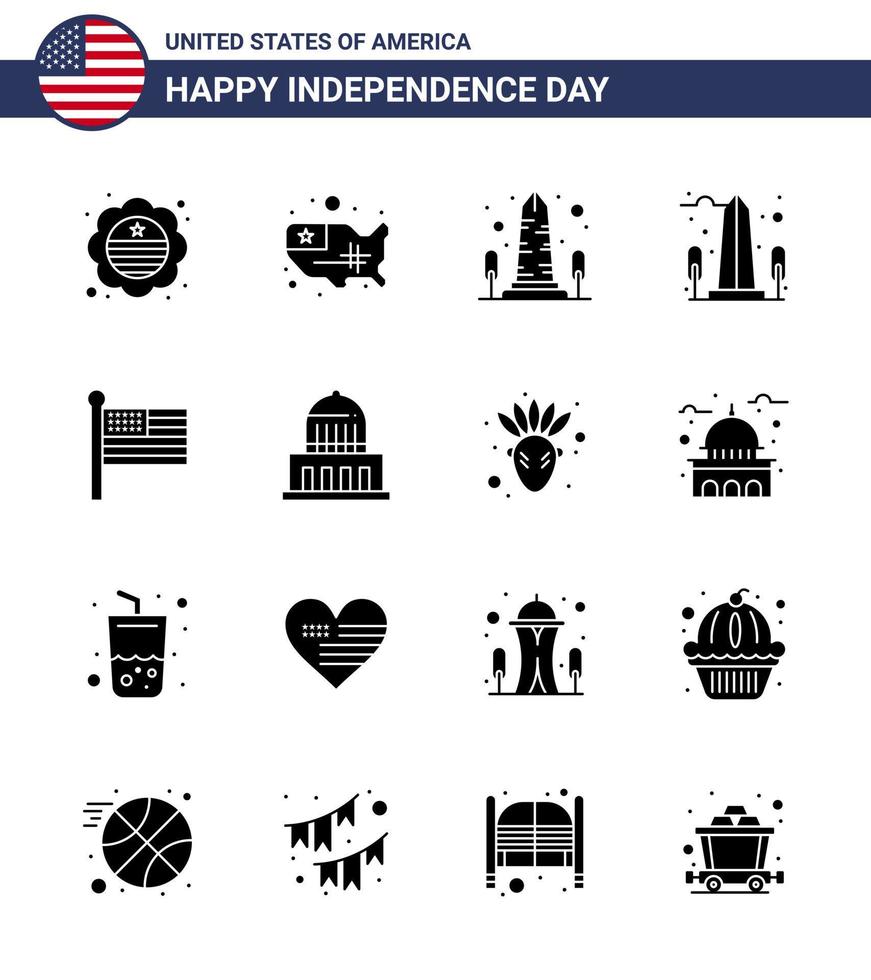 conjunto de 16 paquetes de glifos sólidos modernos en el día de la independencia de estados unidos construyendo elementos de diseño de vector de día de estados unidos editables de washington