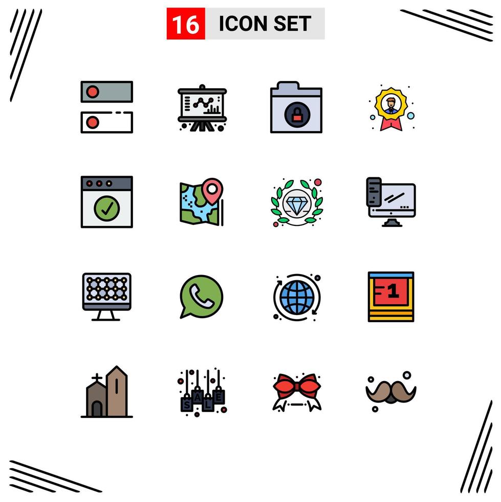 Pack of 16 creative Flat Color Filled Lines of complete medal encryption employee avatar Editable Creative Vector Design Elements