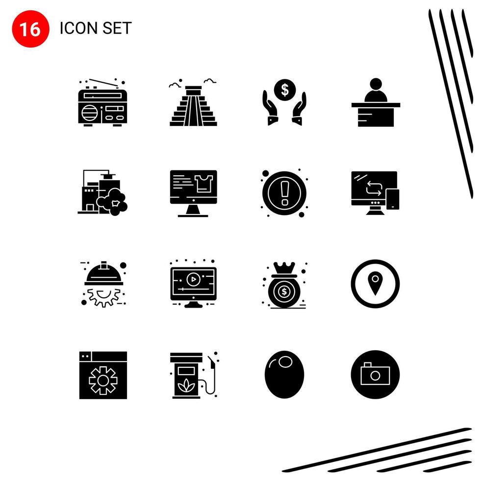 User Interface Pack of 16 Basic Solid Glyphs of pollution industry finance insurance factory professor Editable Vector Design Elements