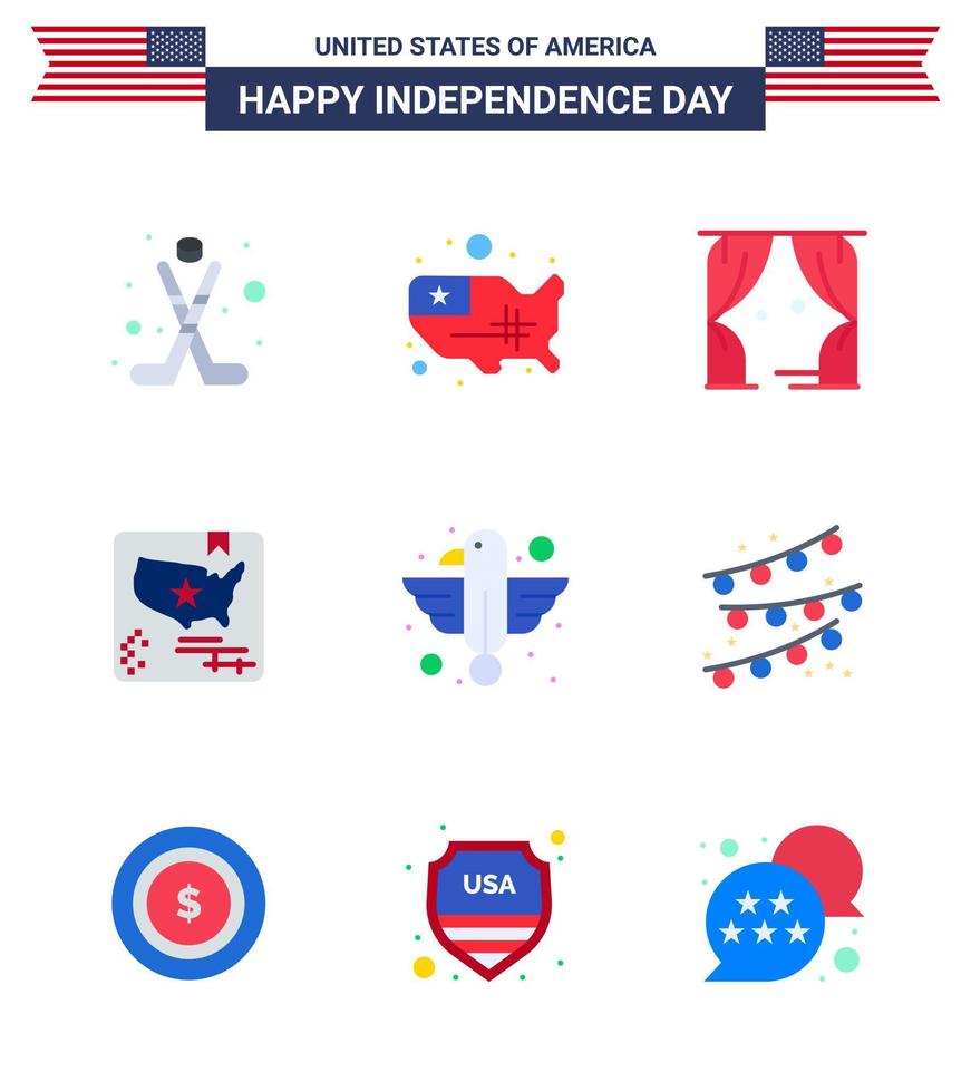 USA Independence Day Flat Set of 9 USA Pictograms of animal world entertainment map american Editable USA Day Vector Design Elements