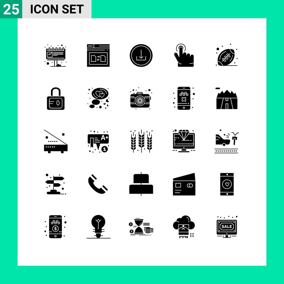 Pack of 25 Modern Solid Glyphs Signs and Symbols for Web Print Media such as ball hand share finger interface Editable Vector Design Elements