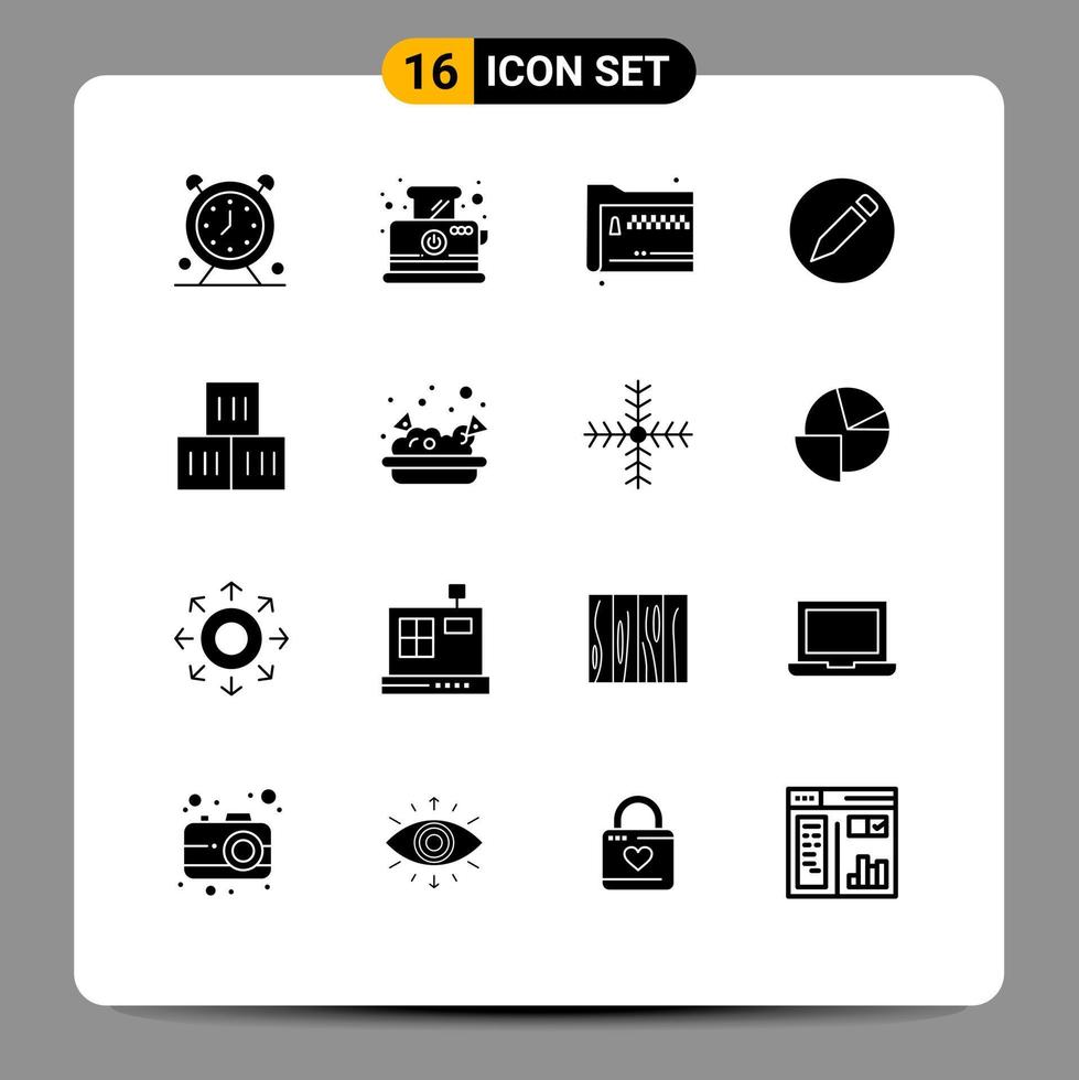 Universal Icon Symbols Group of 16 Modern Solid Glyphs of box pencil breakfast basic documents Editable Vector Design Elements