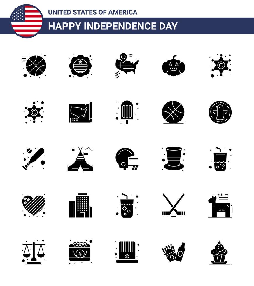 USA Independence Day Solid Glyph Set of 25 USA Pictograms of map star map police usa Editable USA Day Vector Design Elements