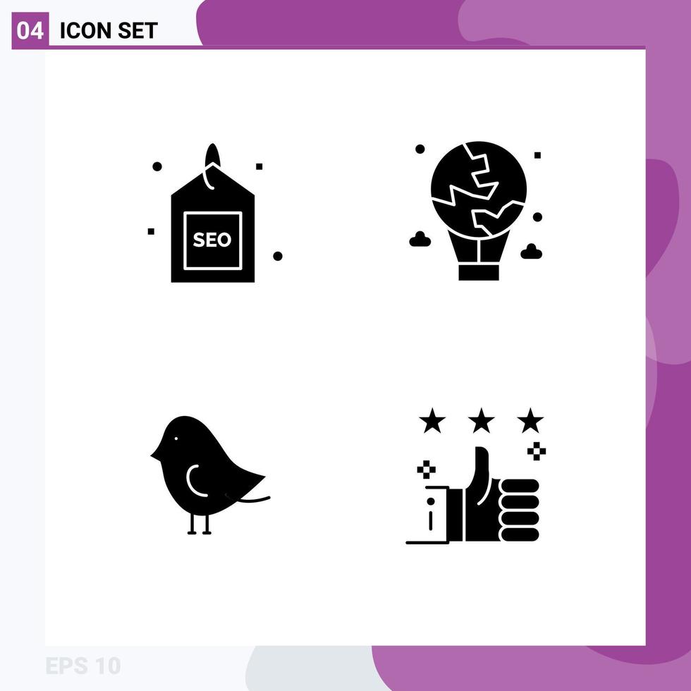 Modern Set of 4 Solid Glyphs Pictograph of engine international search balloon easter Editable Vector Design Elements