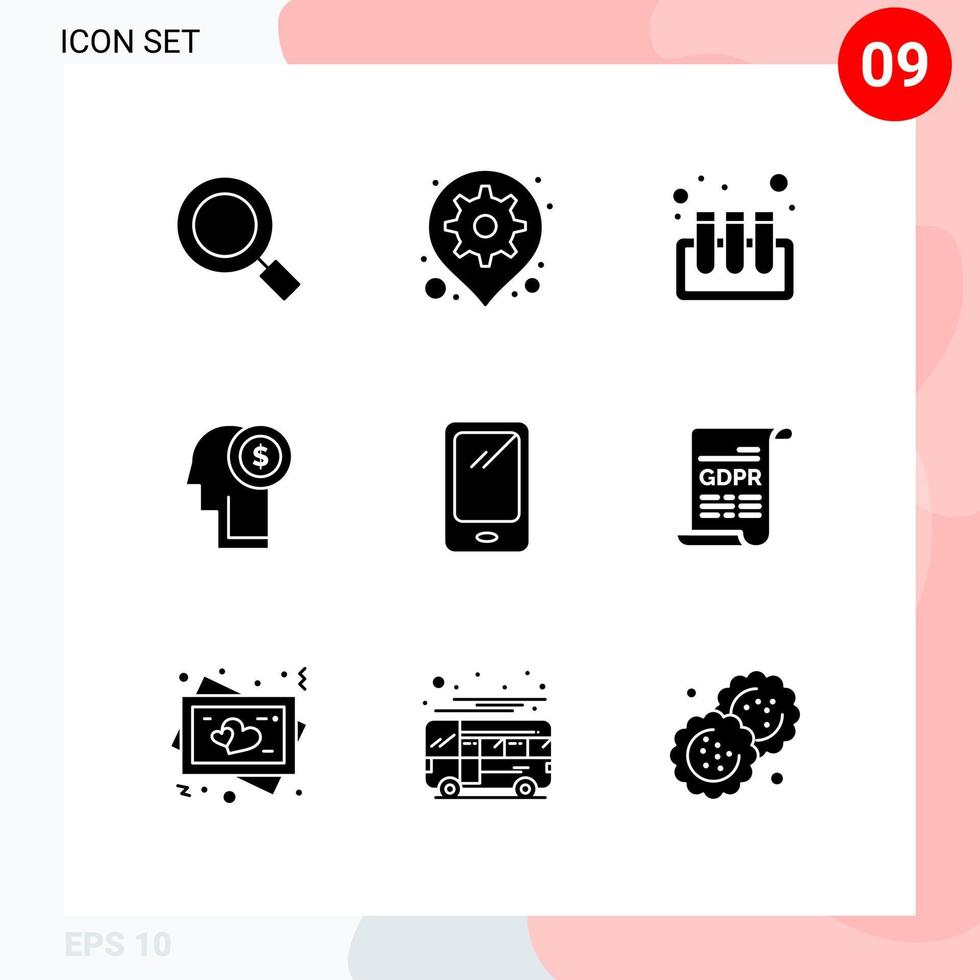 Universal Icon Symbols Group of 9 Modern Solid Glyphs of smart phone thinking setting money idea Editable Vector Design Elements