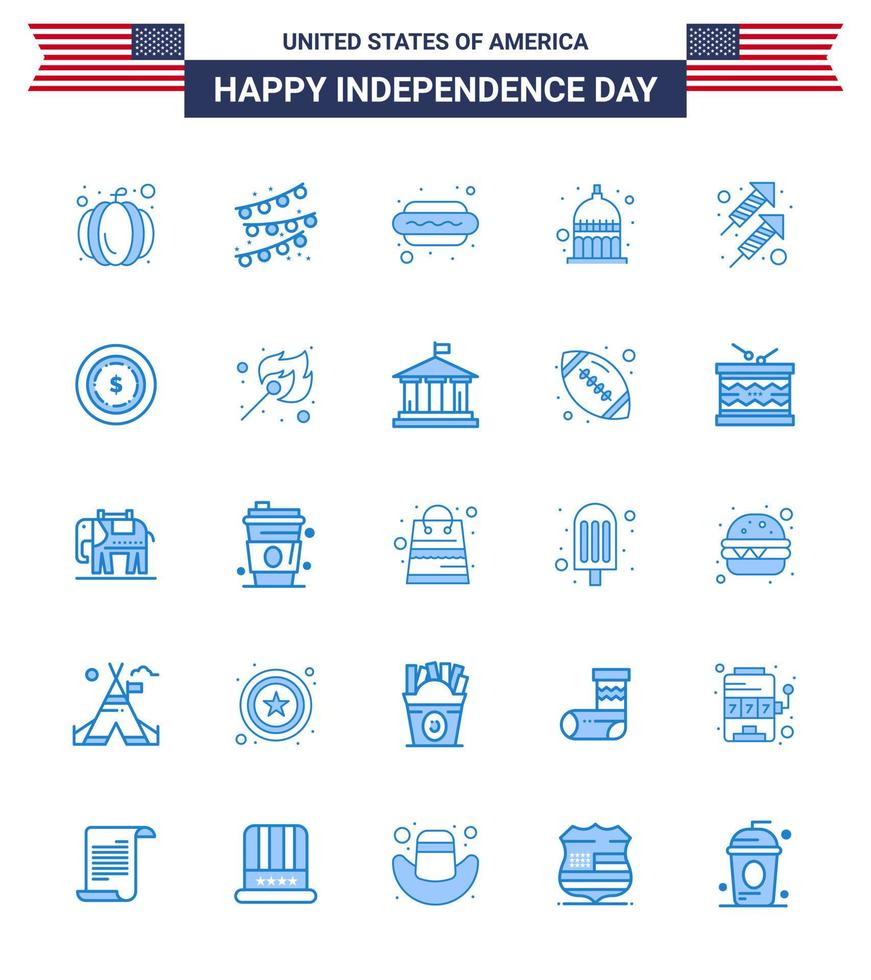 Group of 25 Blues Set for Independence day of United States of America such as shoot fire food celebration statehouse Editable USA Day Vector Design Elements