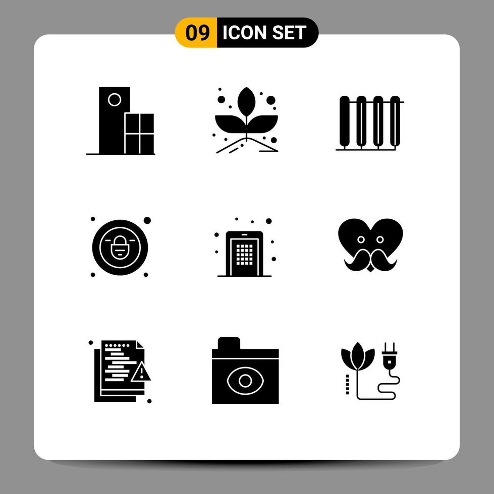 Mobile Interface Solid Glyph Set of 9 Pictograms of code security battery padlock heating Editable Vector Design Elements