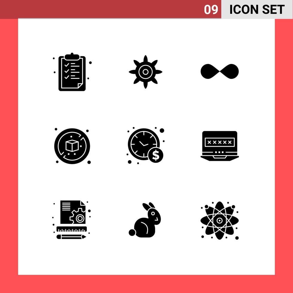 Editable Vector Line Pack of 9 Simple Solid Glyphs of laptop time management crypto management diet Editable Vector Design Elements