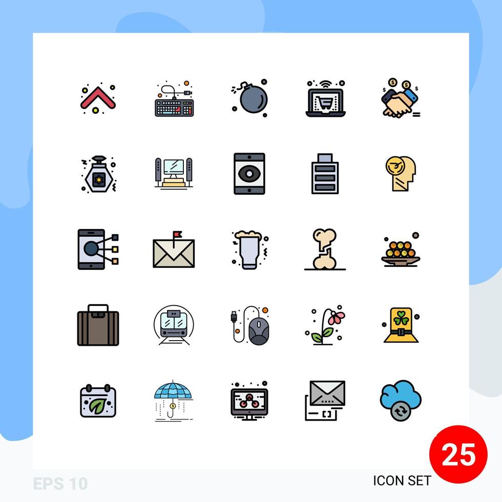 Pack of 25 Modern Filled line Flat Colors Signs and Symbols for Web Print Media such as marketing laptop bomb shopping science Editable Vector Design Elements