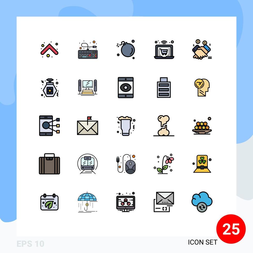 paquete de 25 modernos signos y símbolos de colores planos de línea rellena para medios de impresión web, como elementos de diseño de vectores editables de ciencia de compras de bombas portátiles de marketing