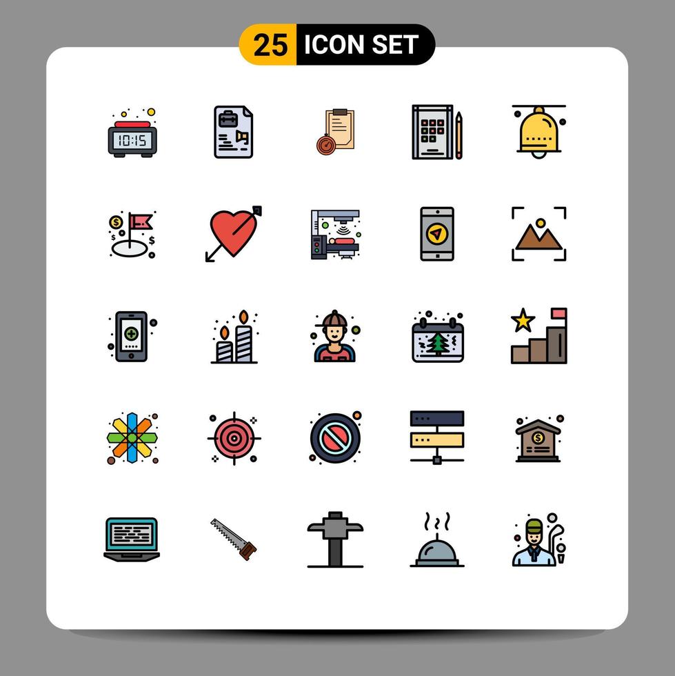 25 User Interface Filled line Flat Color Pack of modern Signs and Symbols of hand bell alarm deadline notes book Editable Vector Design Elements