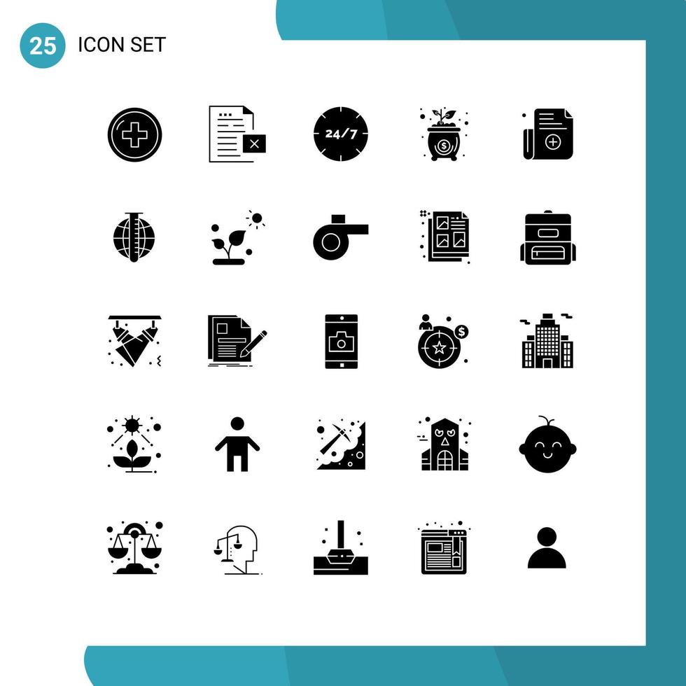Set of 25 Commercial Solid Glyphs pack for investment bag file service customer Editable Vector Design Elements
