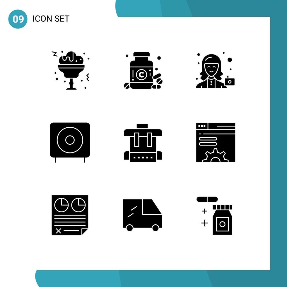 Editable Vector Line Pack of 9 Simple Solid Glyphs of bag products camera electronics bass Editable Vector Design Elements