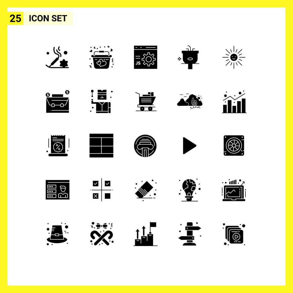 conjunto de 25 glifos sólidos vectoriales en cuadrícula para lavado, limpieza, navegador, baño, programación, elementos de diseño vectorial editables vector