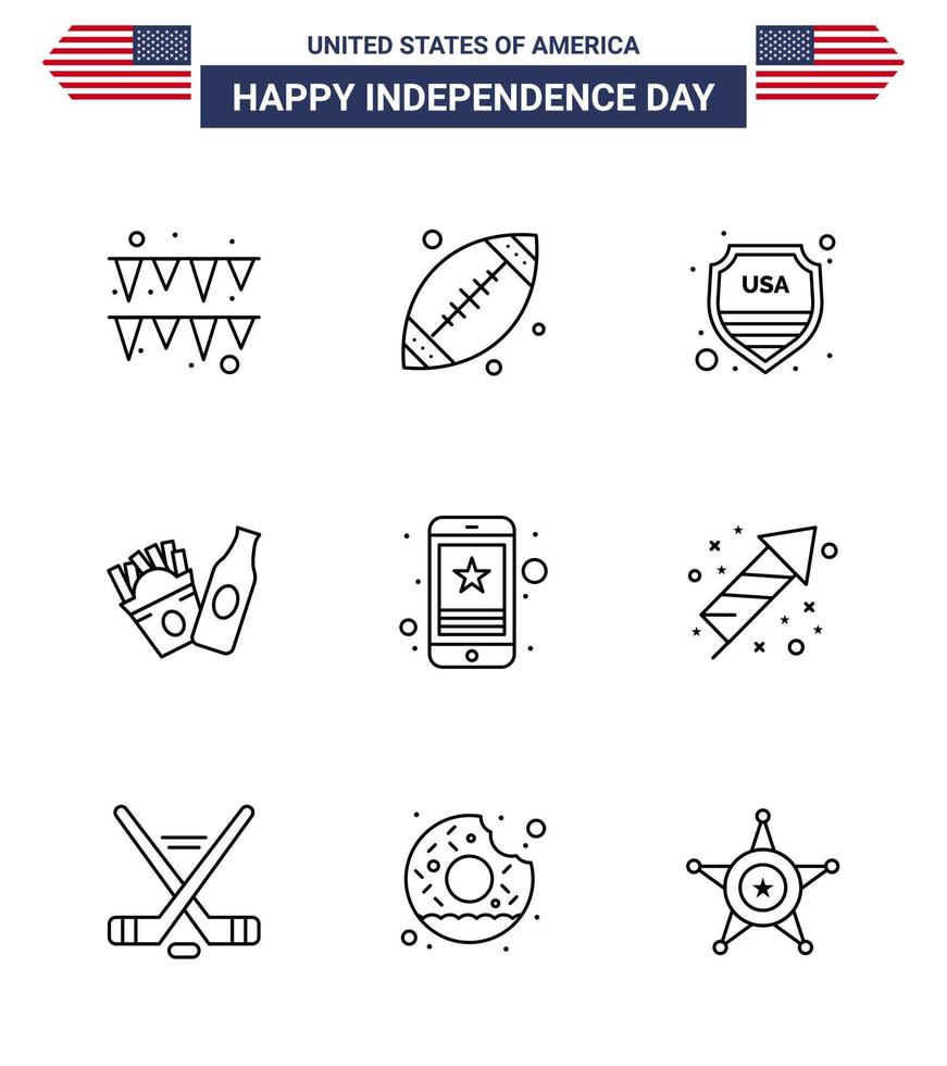 Set of 9 Vector Lines on 4th July USA Independence Day such as mobile star shield cell frise Editable USA Day Vector Design Elements