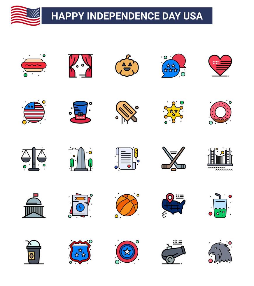 paquete de feliz día de la independencia de 25 líneas planas llenas de signos y símbolos para la burbuja de chat de calabaza de corazón americano usa elementos de diseño vectorial editables del día de usa vector