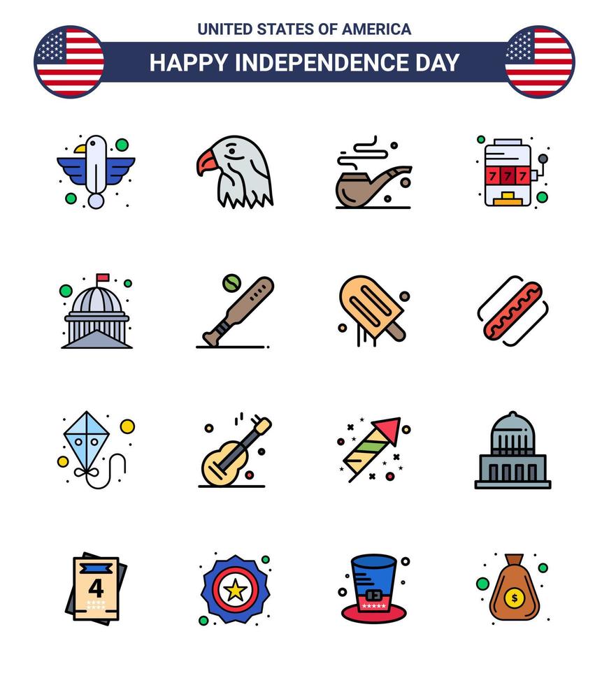 Flat Filled Line Pack of 16 USA Independence Day Symbols of house game usa slot casino Editable USA Day Vector Design Elements