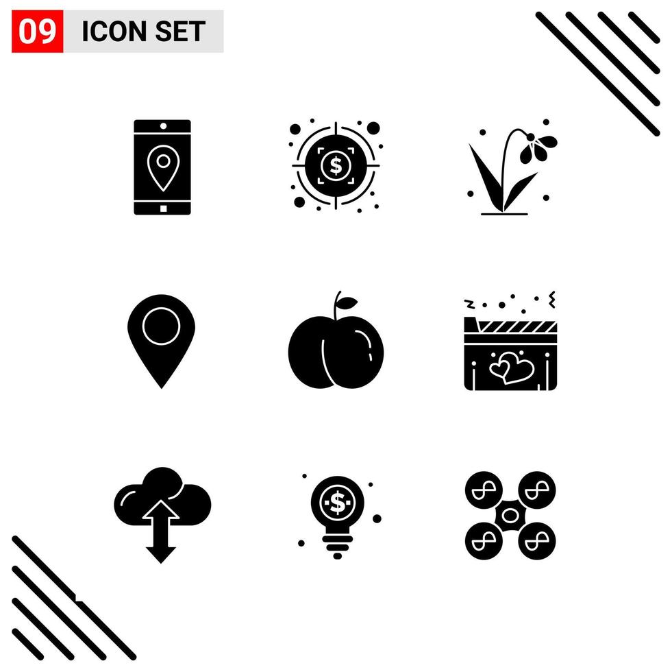 conjunto perfecto de píxeles de 9 iconos sólidos conjunto de iconos de glifo para el diseño de sitios web y la interfaz de aplicaciones móviles fondo de vector de icono negro creativo