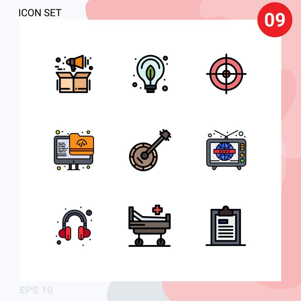 User Interface Pack of 9 Basic Filledline Flat Colors of instrument audio shooting screen folder Editable Vector Design Elements