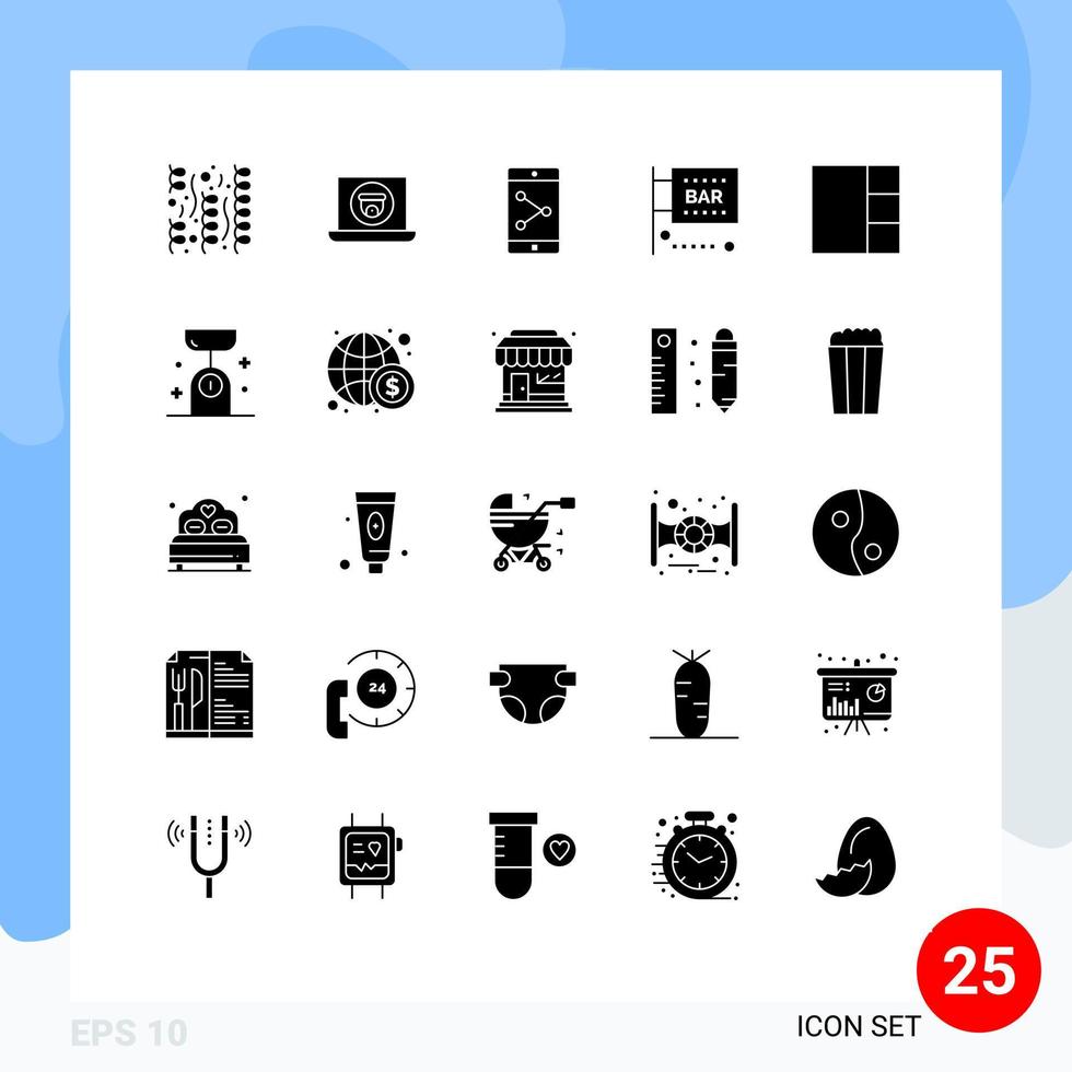 Modern Set of 25 Solid Glyphs and symbols such as layout science and computing app share media and entertainment food and drink Editable Vector Design Elements