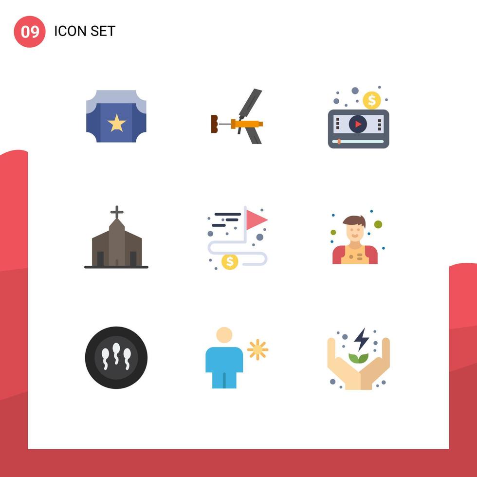 paquete de 9 signos y símbolos modernos de colores planos para medios de impresión web, como elementos de diseño de vectores editables para el reproductor multimedia de video de la herramienta de construcción de iglesias