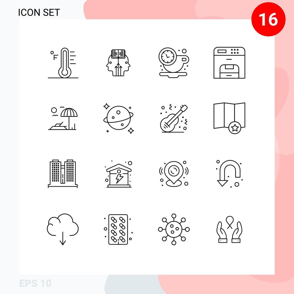 User Interface Pack of 16 Basic Outlines of beach machine man device time Editable Vector Design Elements