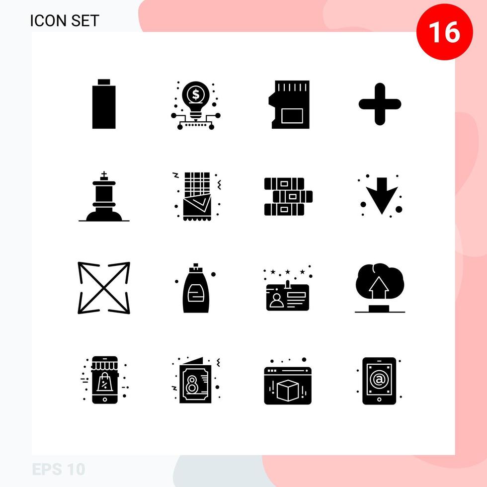 Mobile Interface Solid Glyph Set of 16 Pictograms of king chess sd sign new Editable Vector Design Elements