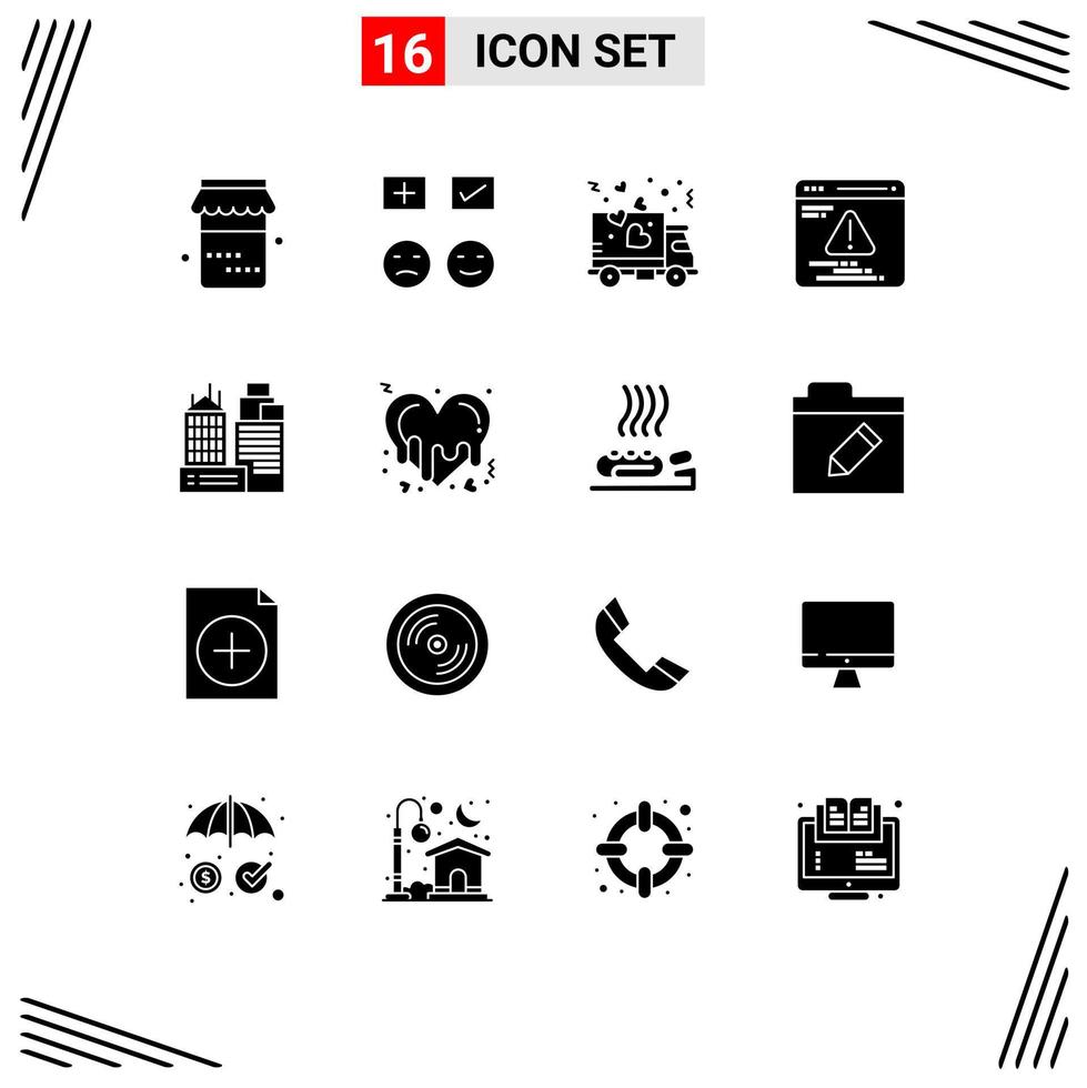 16 Thematic Vector Solid Glyphs and Editable Symbols of place building delivery error development Editable Vector Design Elements