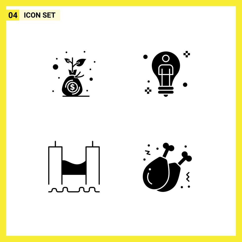 Modern Set of 4 Solid Glyphs Pictograph of budget bridge money bag solution harbor Editable Vector Design Elements