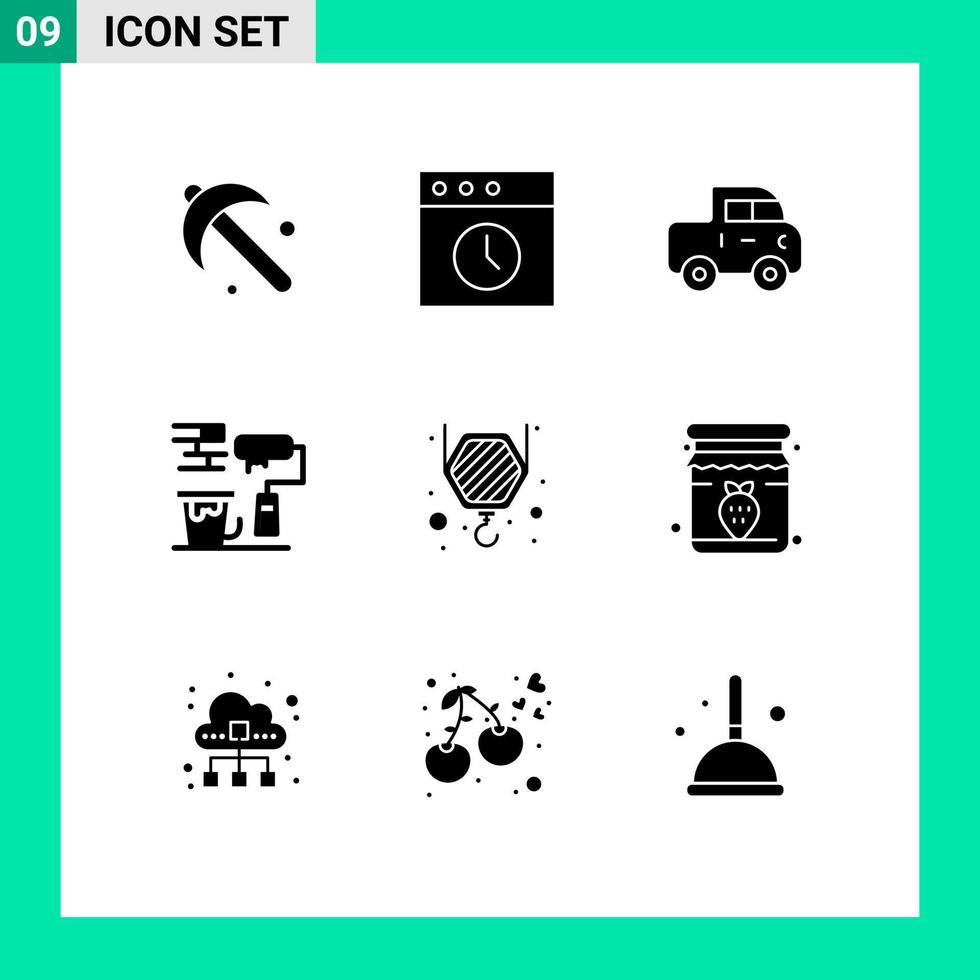 Set of 9 Vector Solid Glyphs on Grid for jam crane jeep construction paint Editable Vector Design Elements