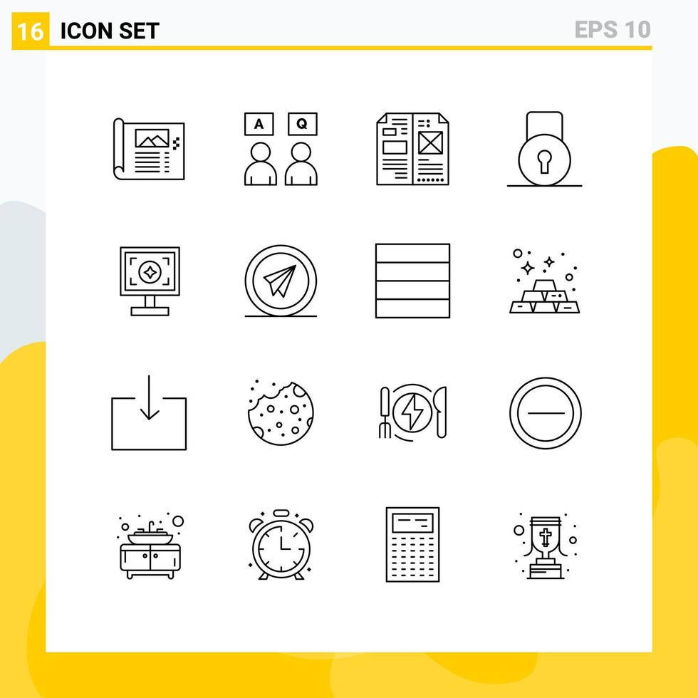 Pack of 16 Modern Outlines Signs and Symbols for Web Print Media such as security lock pad qa key layout Editable Vector Design Elements