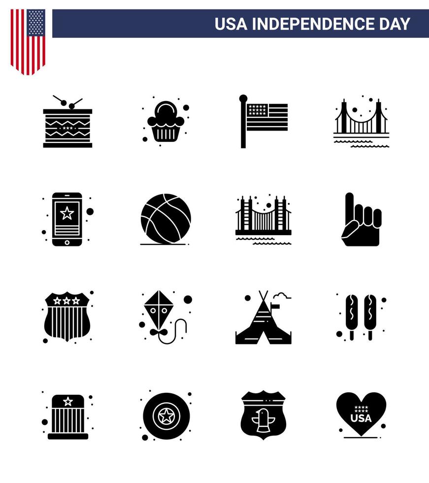 Set of 16 Vector Solid Glyphs on 4th July USA Independence Day such as tourism golden celebration gate usa Editable USA Day Vector Design Elements
