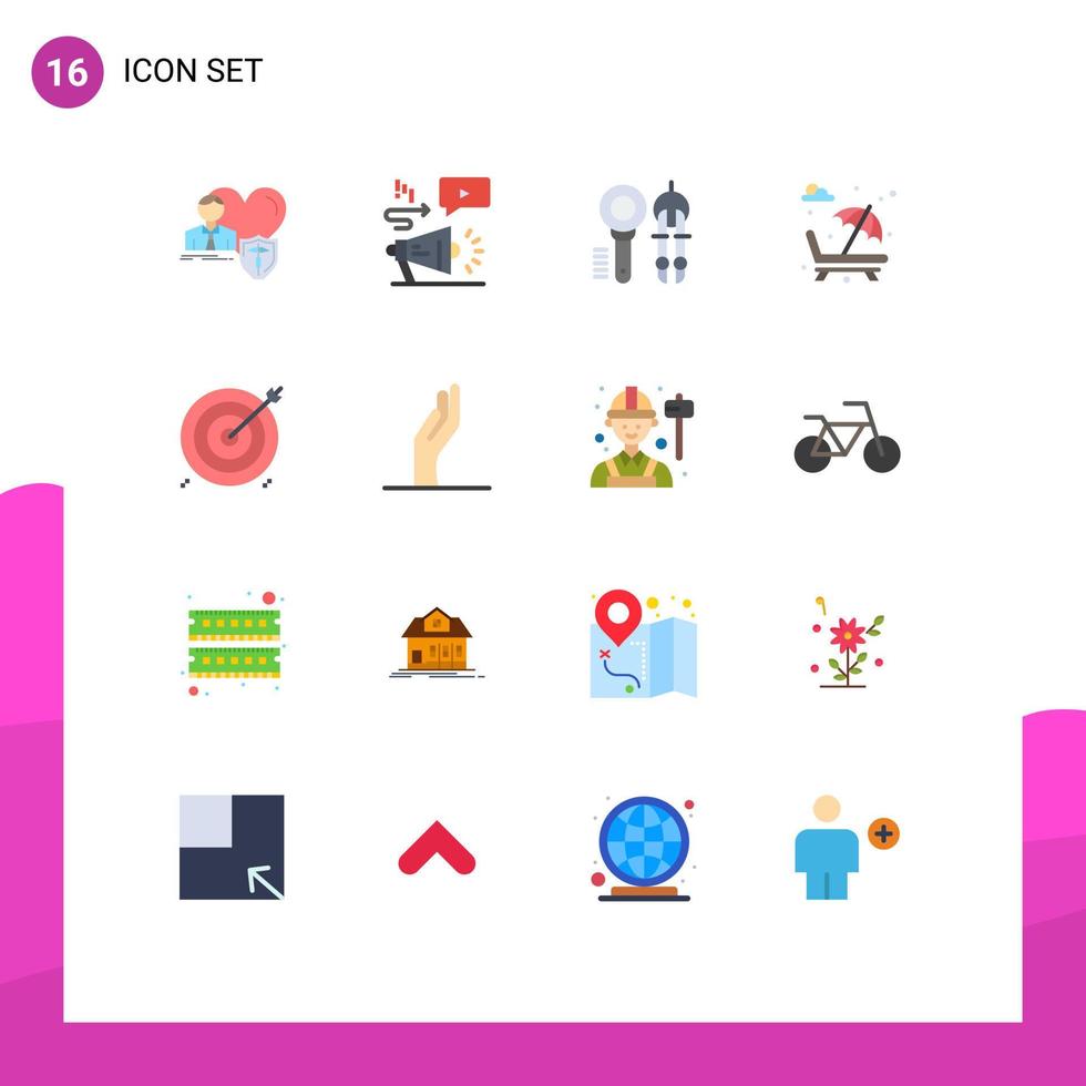 Mobile Interface Flat Color Set of 16 Pictograms of romance fountain megaphone sun bed tool Editable Pack of Creative Vector Design Elements