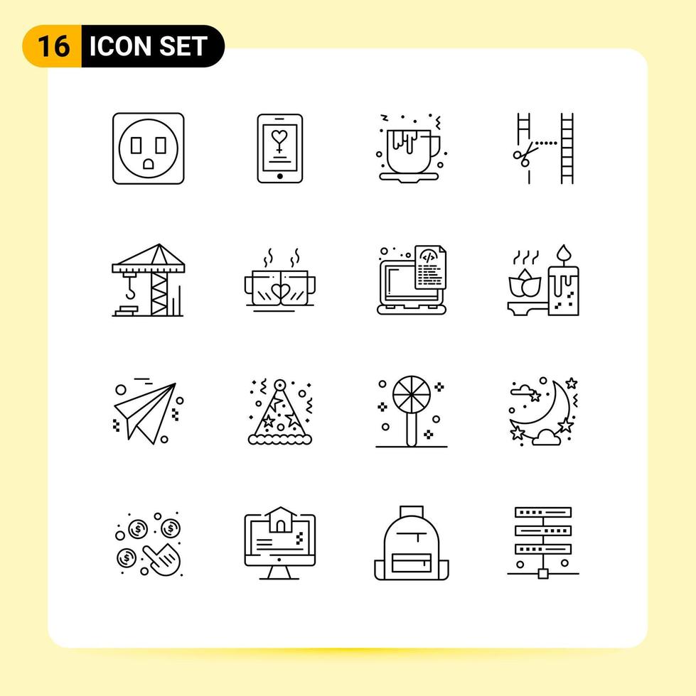 Editable Vector Line Pack of 16 Simple Outlines of tea architecture fast food crain cutting Editable Vector Design Elements