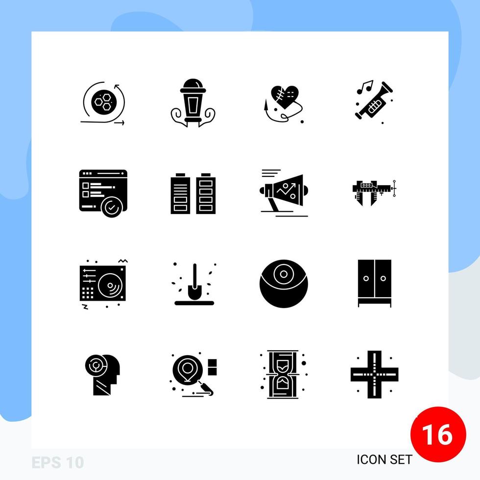Solid Glyph Pack of 16 Universal Symbols of speed trumpet sewing heart noise car Editable Vector Design Elements