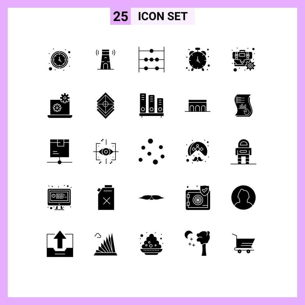 Modern Set of 25 Solid Glyphs Pictograph of gear briefcase abacus timepiece clock Editable Vector Design Elements