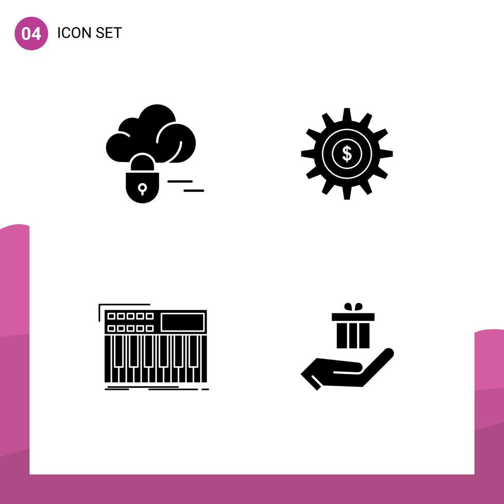 4 Universal Solid Glyph Signs Symbols of cloud midi gear success synthesizer Editable Vector Design Elements