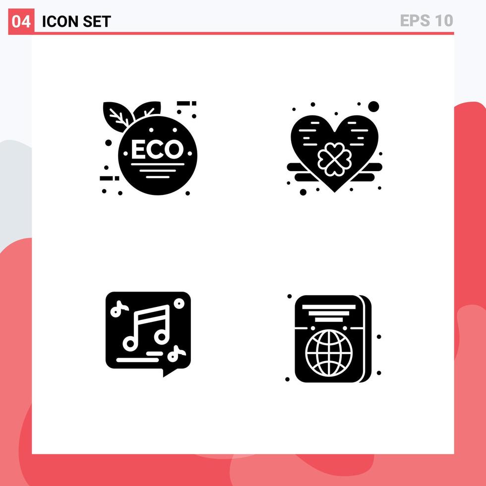 Modern Set of 4 Solid Glyphs Pictograph of eco green music clover chat passport Editable Vector Design Elements