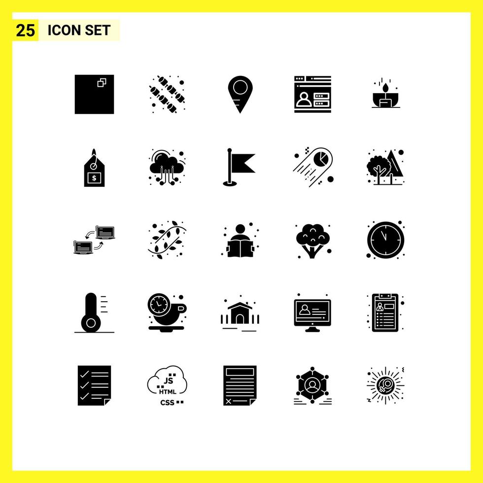 Pack of 25 creative Solid Glyphs of tag lighter user light candle Editable Vector Design Elements