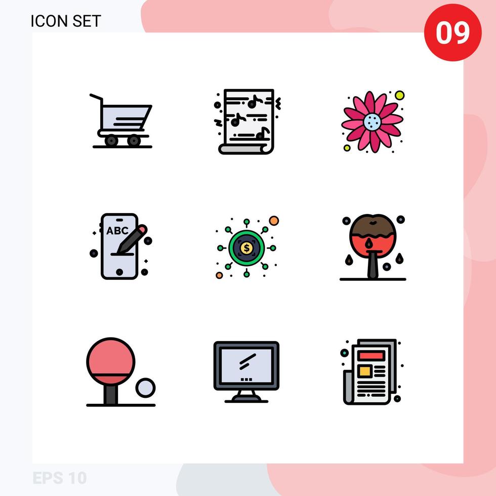 9 Universal Filledline Flat Color Signs Symbols of apple money flower seo phone Editable Vector Design Elements