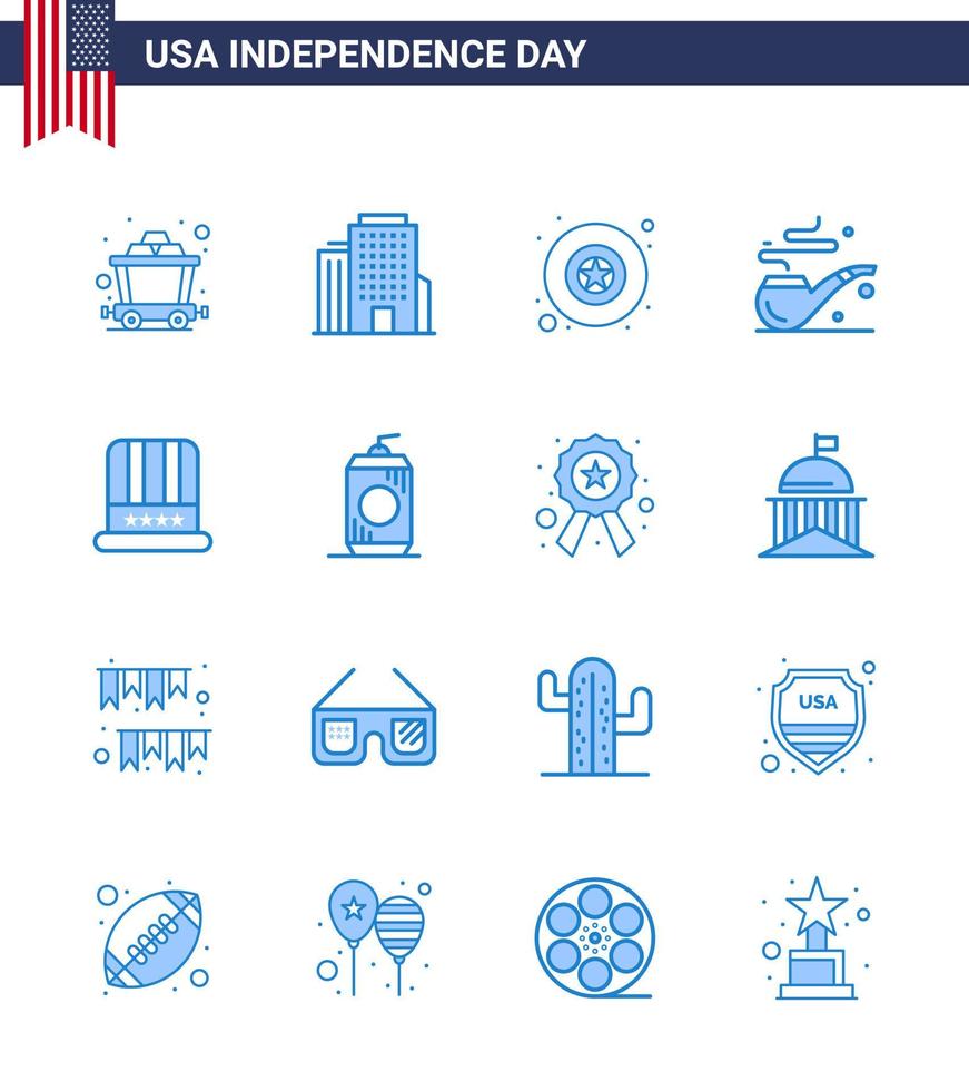 Set of 16 Vector Blues on 4th July USA Independence Day such as cola usa star american hat Editable USA Day Vector Design Elements