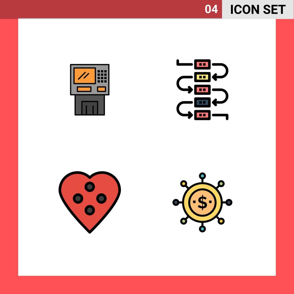 Group of 4 Modern Filledline Flat Colors Set for atm note cashpoint machine button Editable Vector Design Elements