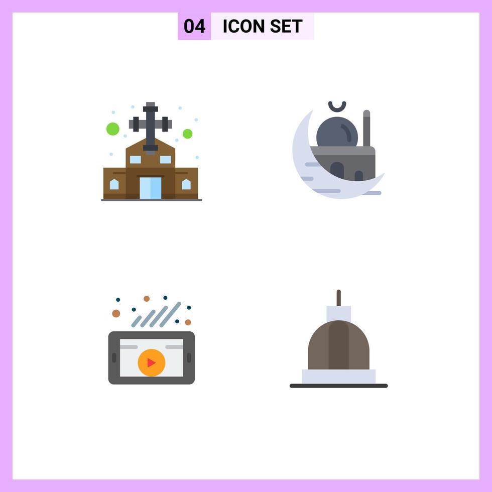 4 Universal Flat Icon Signs Symbols of building marketing christian cross moon video Editable Vector Design Elements