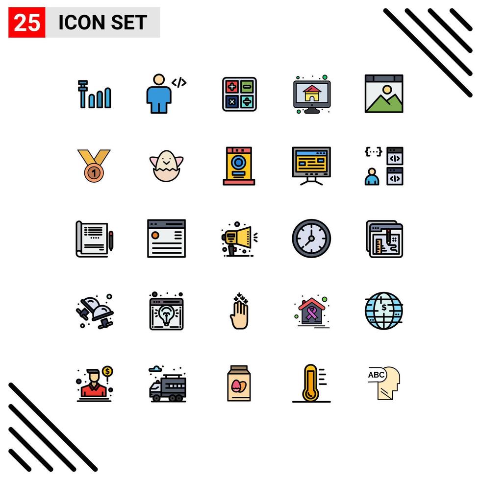 Group of 25 Modern Filled line Flat Colors Set for computer screen calculate monitor home Editable Vector Design Elements