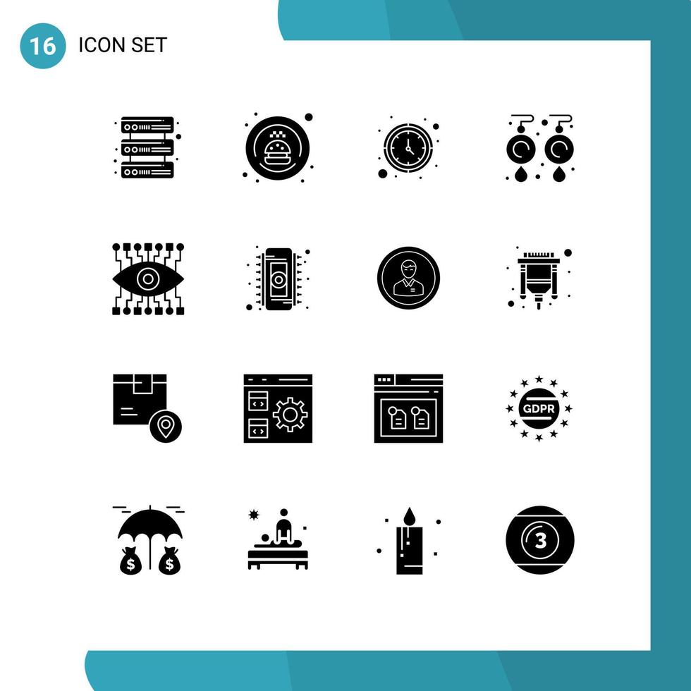Editable Vector Line Pack of 16 Simple Solid Glyphs of construction eye timer jewelry gems Editable Vector Design Elements