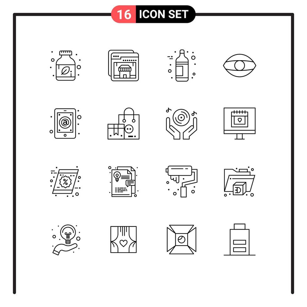 conjunto de 16 iconos de ui modernos símbolos signos para la aplicación de bandeja de entrada alcohol visión cara elementos de diseño vectorial editables vector