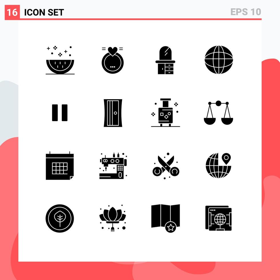 16 User Interface Solid Glyph Pack of modern Signs and Symbols of pause control wedding education world Editable Vector Design Elements