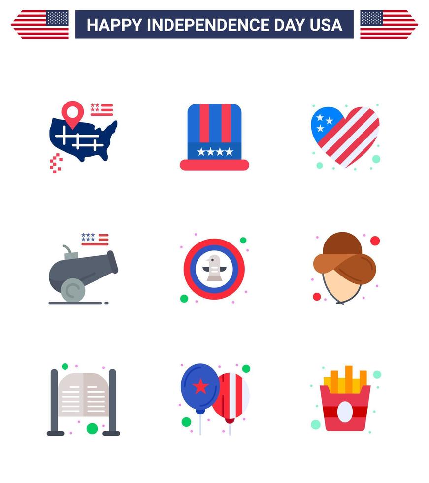 Group of 9 Flats Set for Independence day of United States of America such as celebration american flag mortar cannon Editable USA Day Vector Design Elements