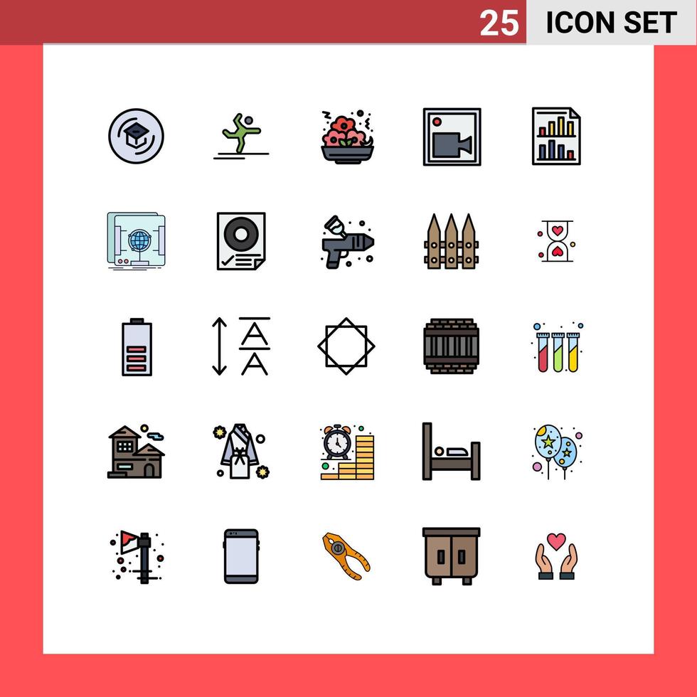 25 User Interface Filled line Flat Color Pack of modern Signs and Symbols of bars record stretching camera nugget Editable Vector Design Elements